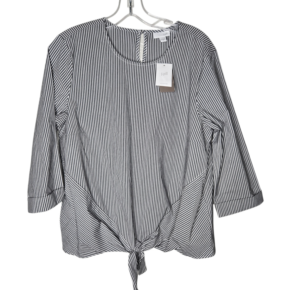 NWT J.Jill Womens Top Size Med Striped 3/4 Sleeve Tie Waist Boxy Blouse Black